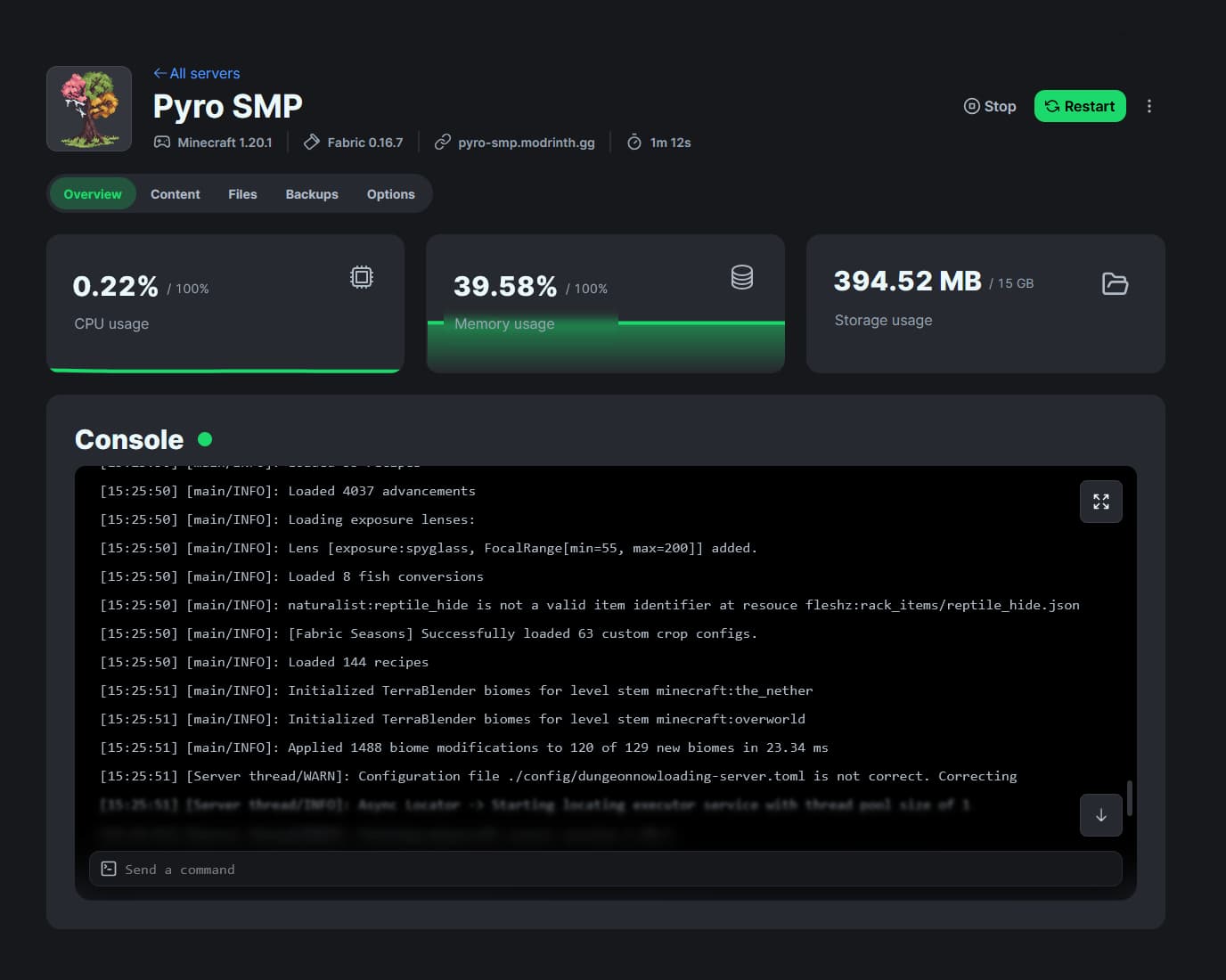 A screenshot of the fully-custom Modrinth Servers panel integrated into Modrinth